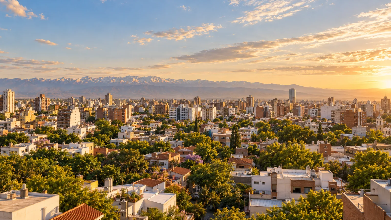 Vista aérea de la ciudad de Córdoba al atardecer, con arbolado urbano y las sierras de fondo