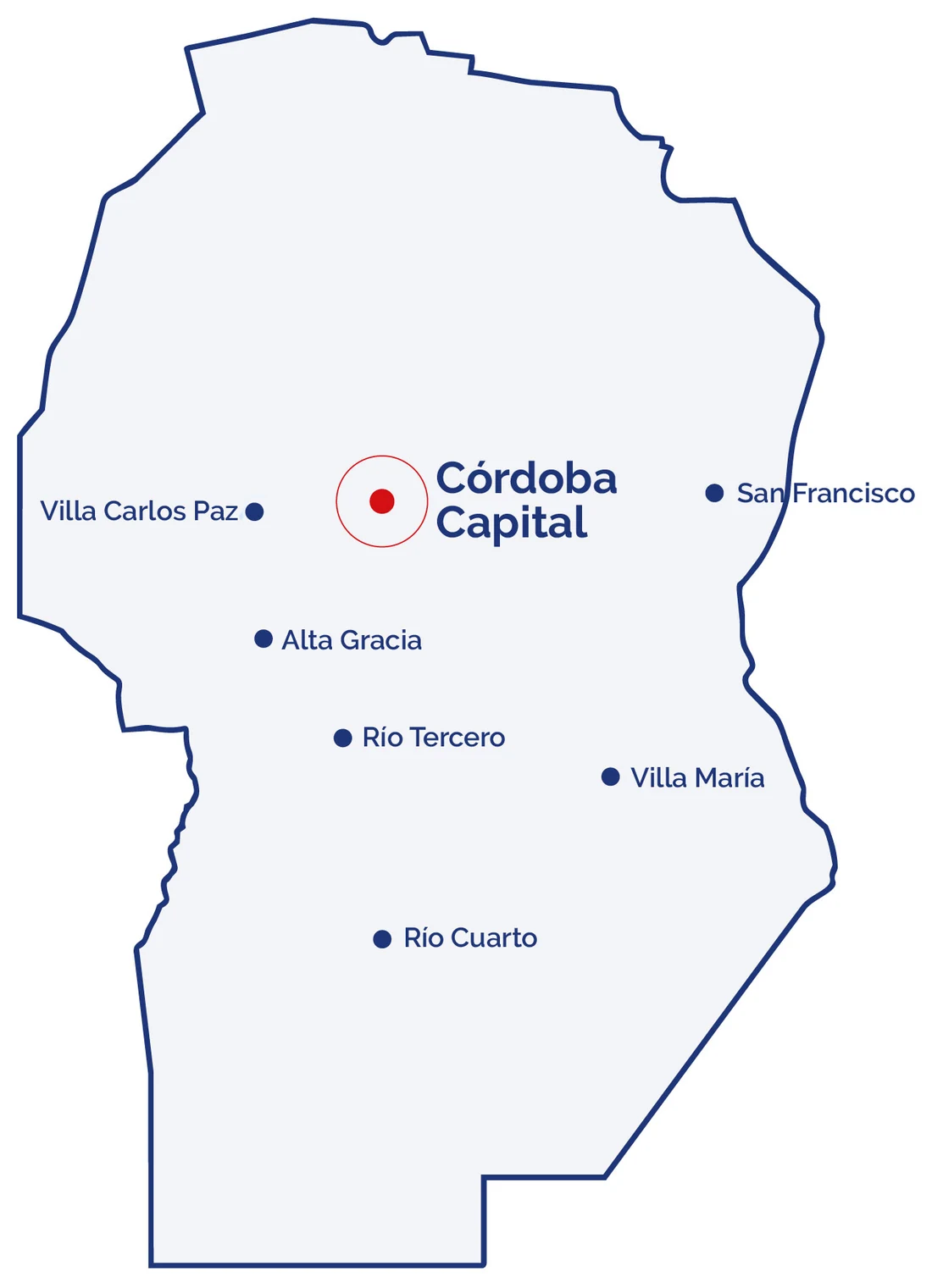 Mapa de la provincia de Córdoba con Córdoba Capital destacada y las localidades de Villa Carlos Paz, San Francisco, Alta Gracia, Río Tercero, Villa María y Río Cuarto